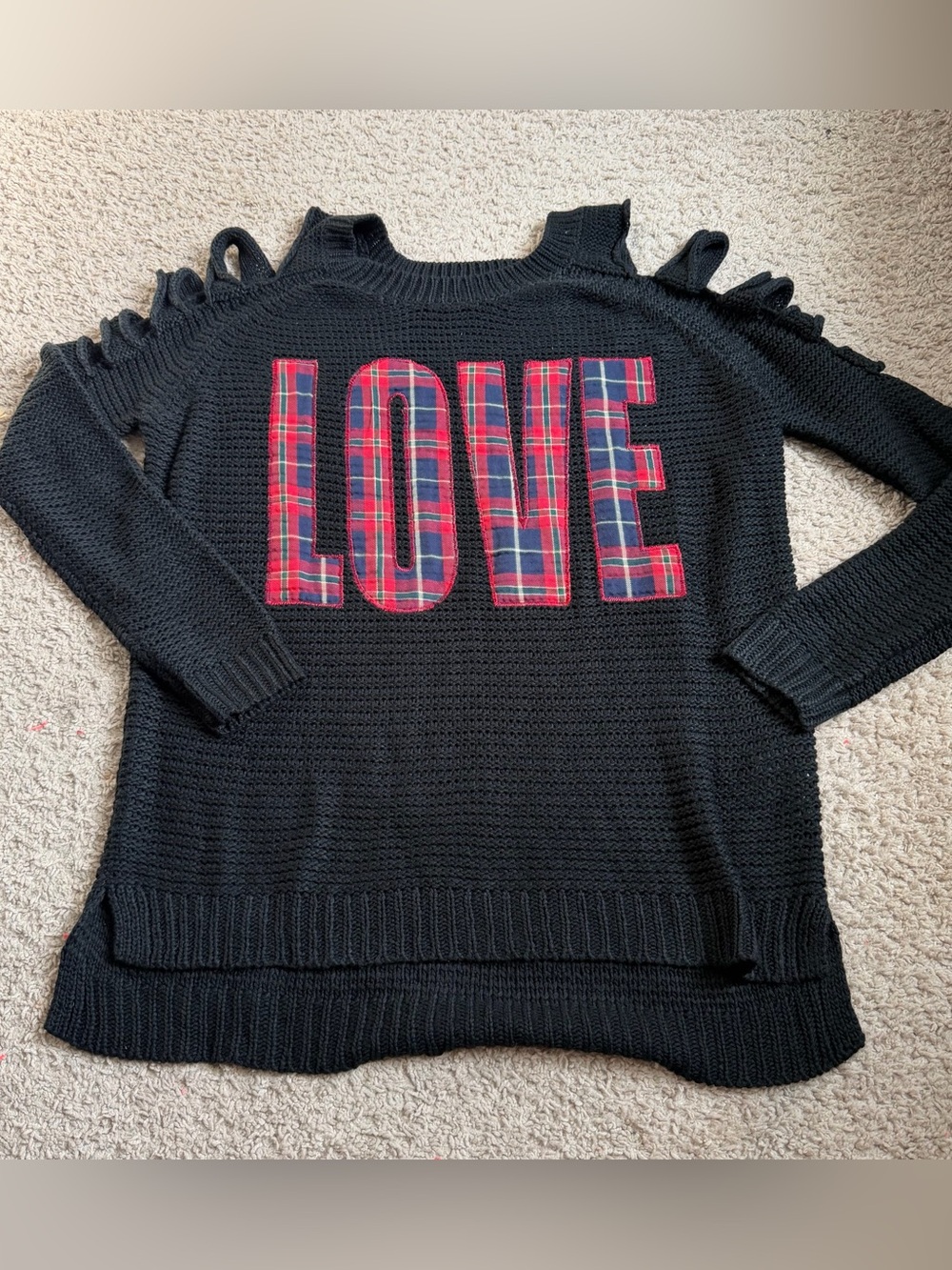 Forever 21 Black LOVE Plaid Cutout Sweater Size Medium